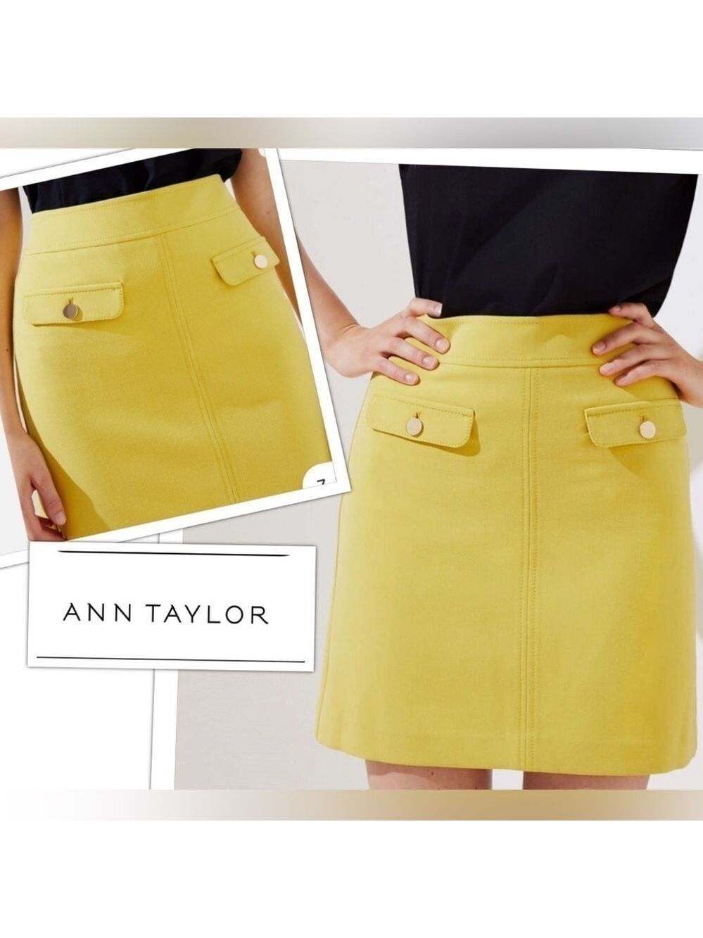 Ann Taylor Gold Button Flap Pocket Fitted Stretch Yellow Mini Skirt Women size 6